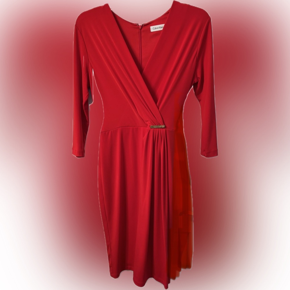 Calvin Klein Vibrant Red Midi Side Drape Dress